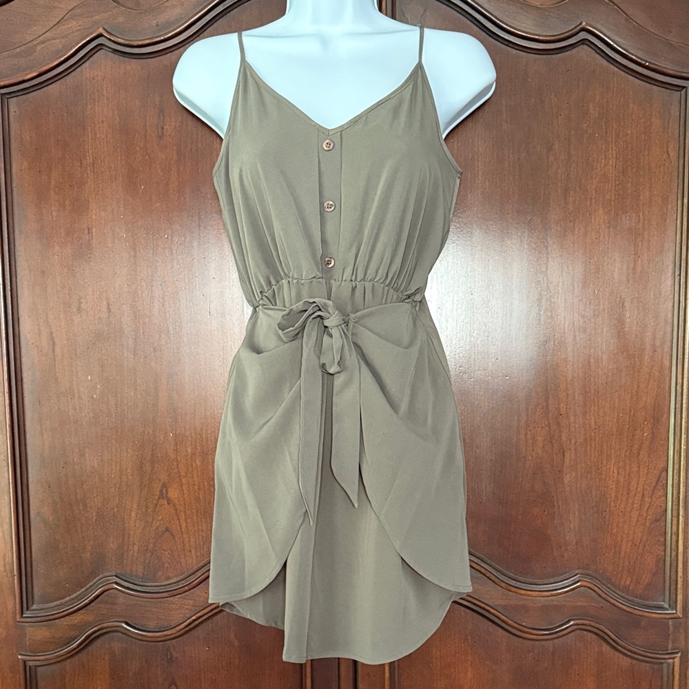 BCBGeneration Olive Green Mini Dress XXS Tie Waist Tulip Hem Summer Cami Dress
